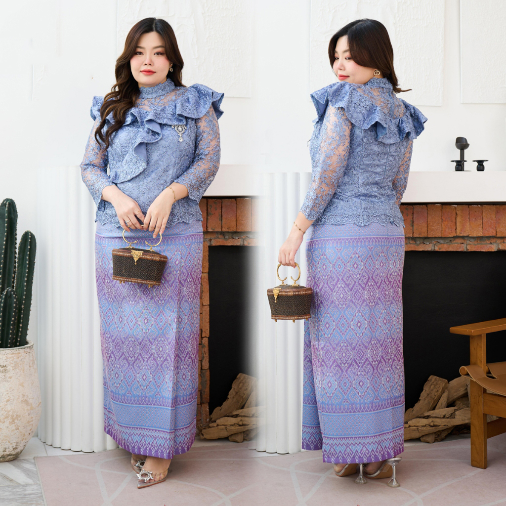 kudapy ชุดเซ็ทออกงานสีม่วง +ผ้าถุงทอลายแพรวากาฬสินธุ์ คอจีน แขนยาว แต่งระบายไหล่