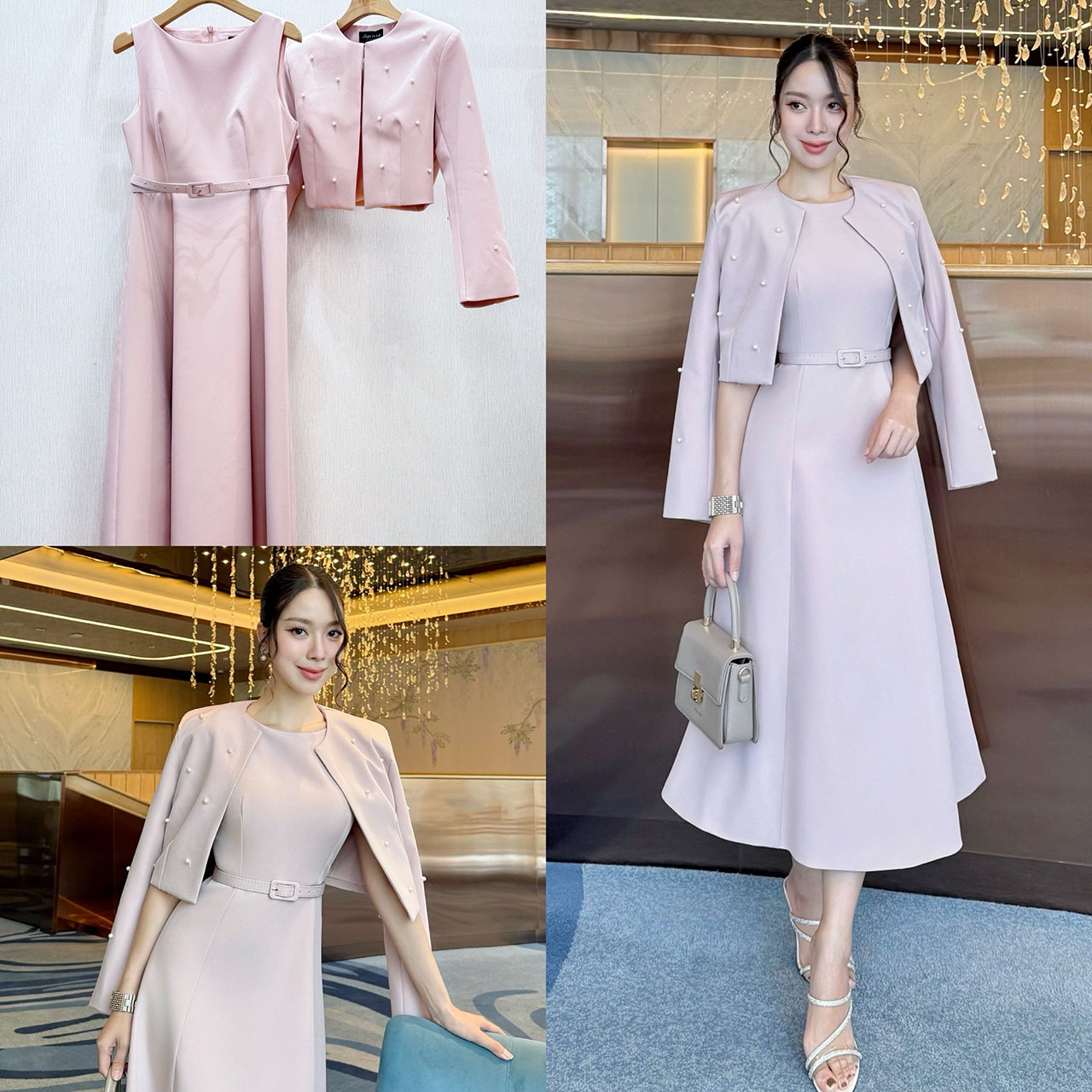 kudapy เซ็ท 3 ชิ้น: เดรสยาว+ครอป+เข็มขัด เสื้อคลุมติดไข่มุก เดรสออกมาให้เข้ารูปเอวสูง มีฟองน้ำในตัว ซิปด้านหลัง