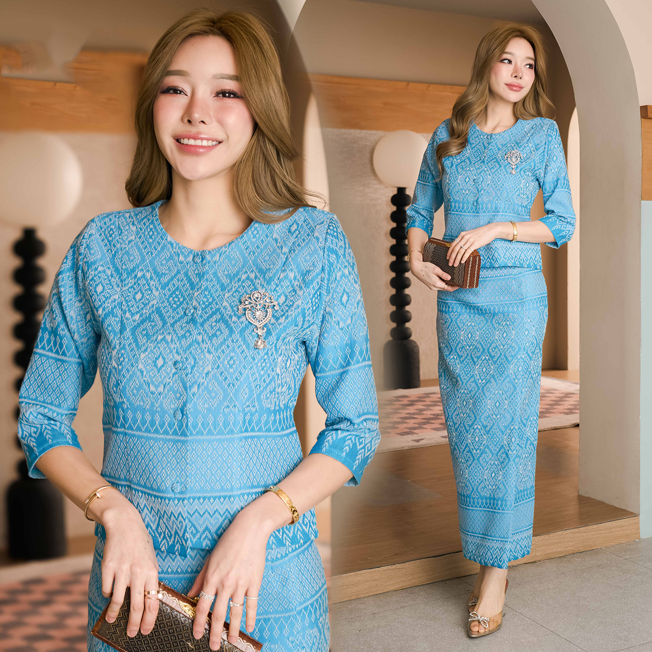 kudapy ชุดเซ็ทสีฟ้า ผ้าฝ้ายทรงเรือนต้นงดงามในความเป็นไทย อัดกาวอย่างดี