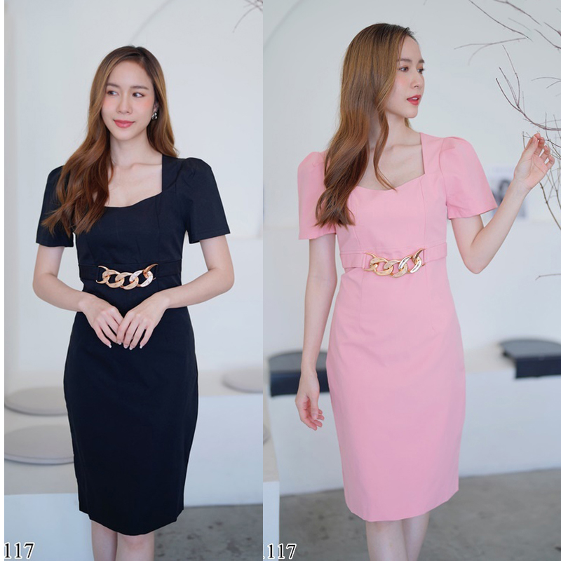 kudapy เดรสสั้นสีดำ/สีชมพู คอหัวใจคาดเอว