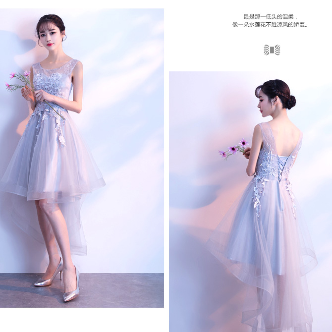 kudapy ชุดราตรีหน้าสั้นหลังยาวสีเทาฟ้า แขนกุด คอกลม ปักลูกไม้ตามแบบ กระดปรงผ้ามุง ซับในซานตินอย่างดี