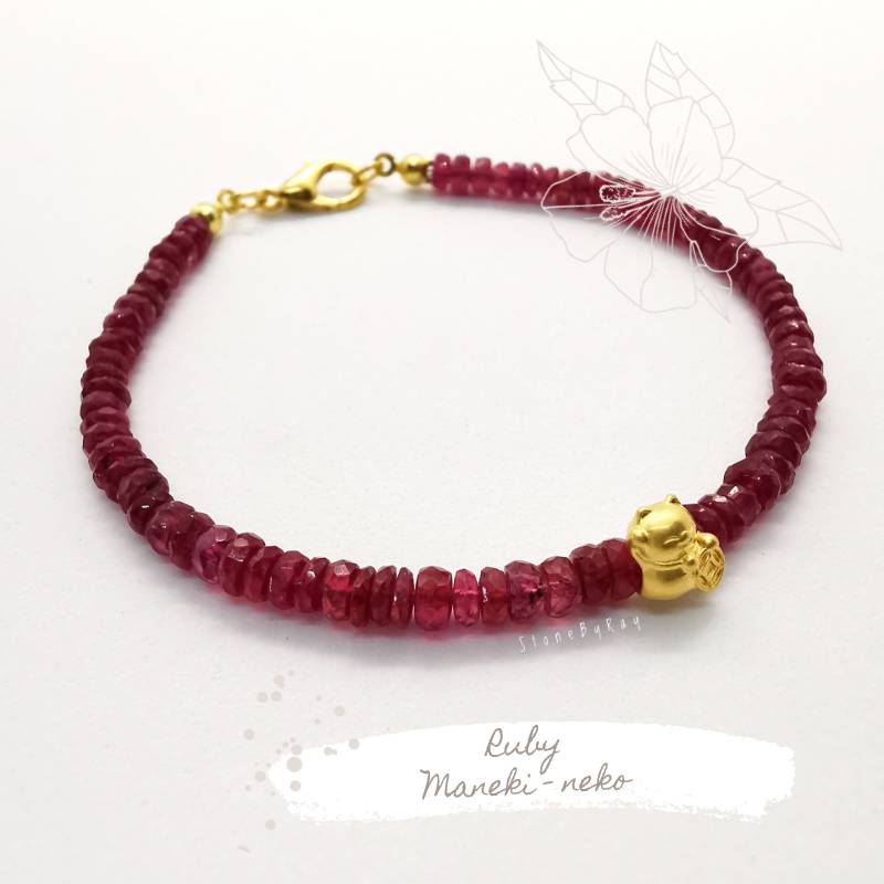 สร้อยข้อมือพลอยทับทิม+แมวกวักทองแท้(Maneki-neko)