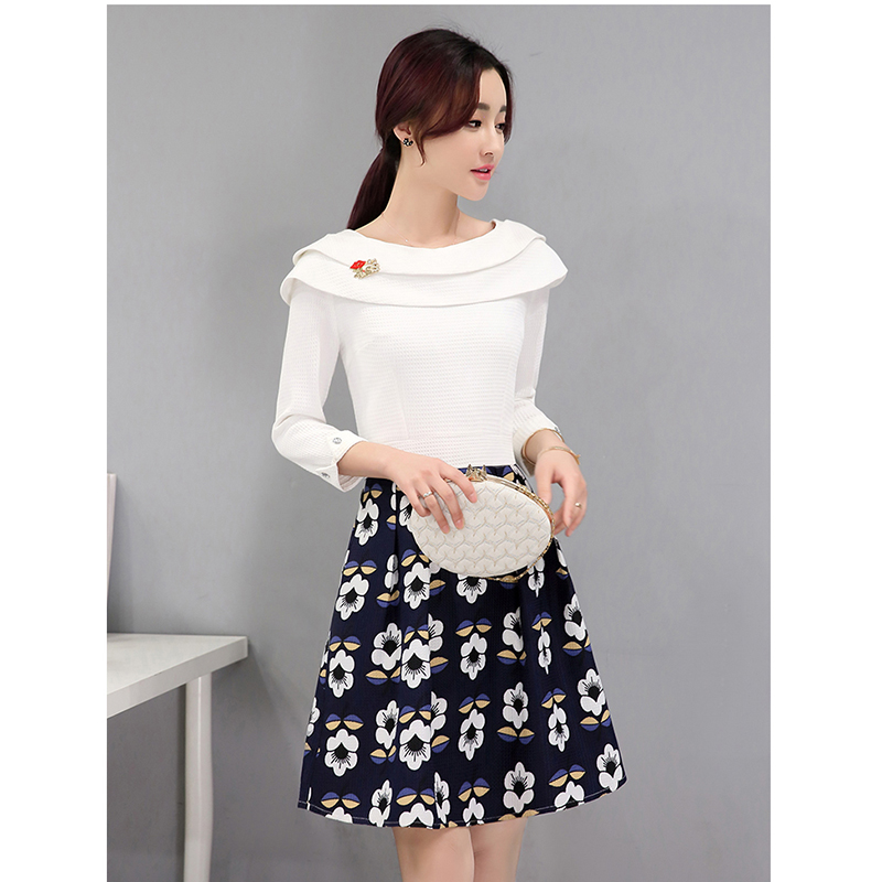 kudapy ชุดเดรสสีทูโทน เสื้อสีขาว กระโปรงสีน้ำเงิน ใส่ได้หลากหลายโอกาส XL