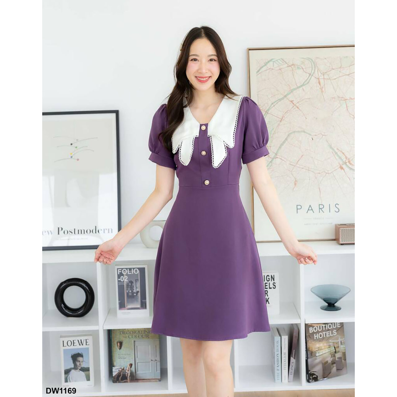 kudapy เดรสสั้นสัชมพู/สีม่วง/สีดำ ผ้าพิ้นแขนตุ๊กตาแต่งโบว์อก
