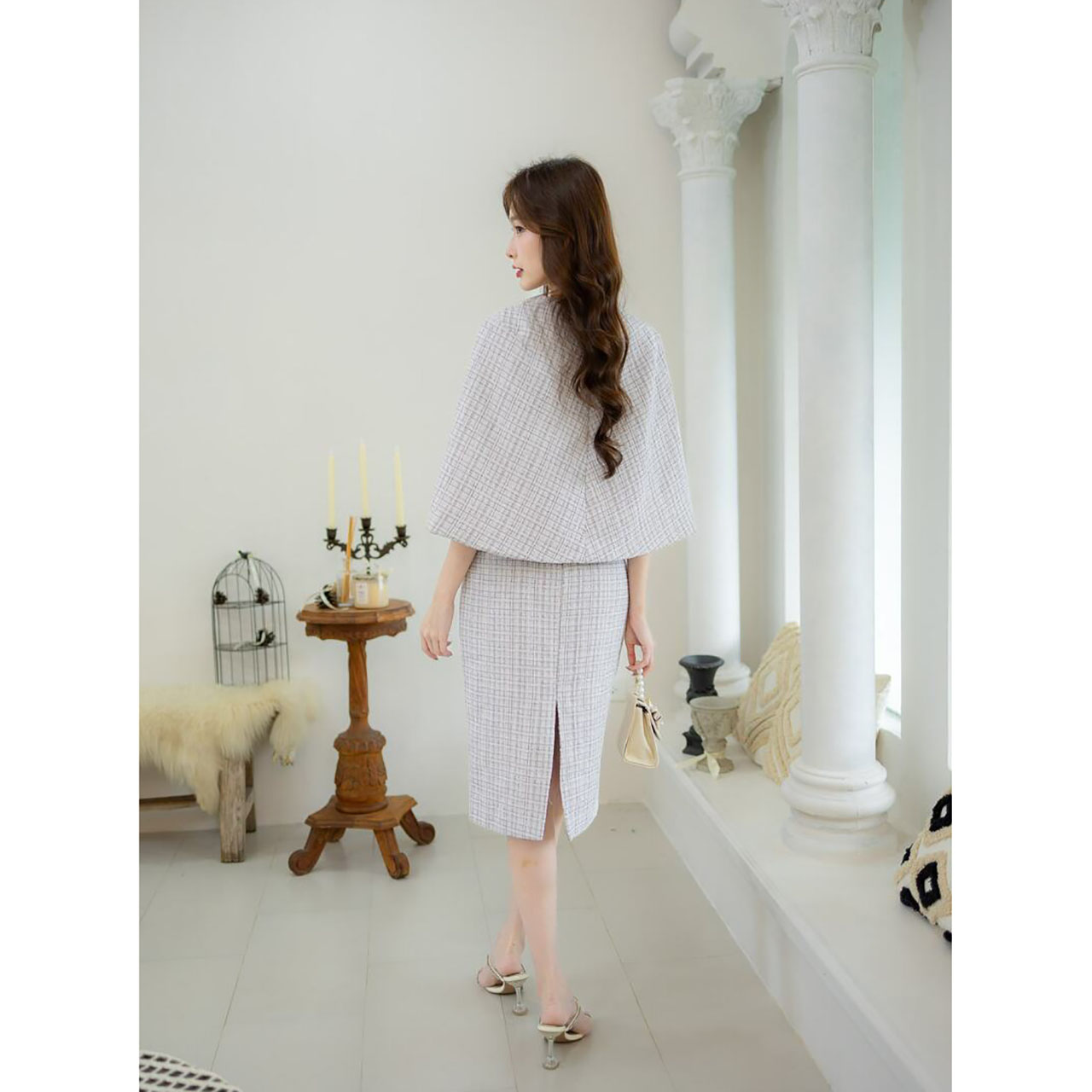 kudapy เดรสสั้น ผ้าทวิต ออกงานพร้อมเสื้อคลุมไหล่ ใส่สวย ดูดี