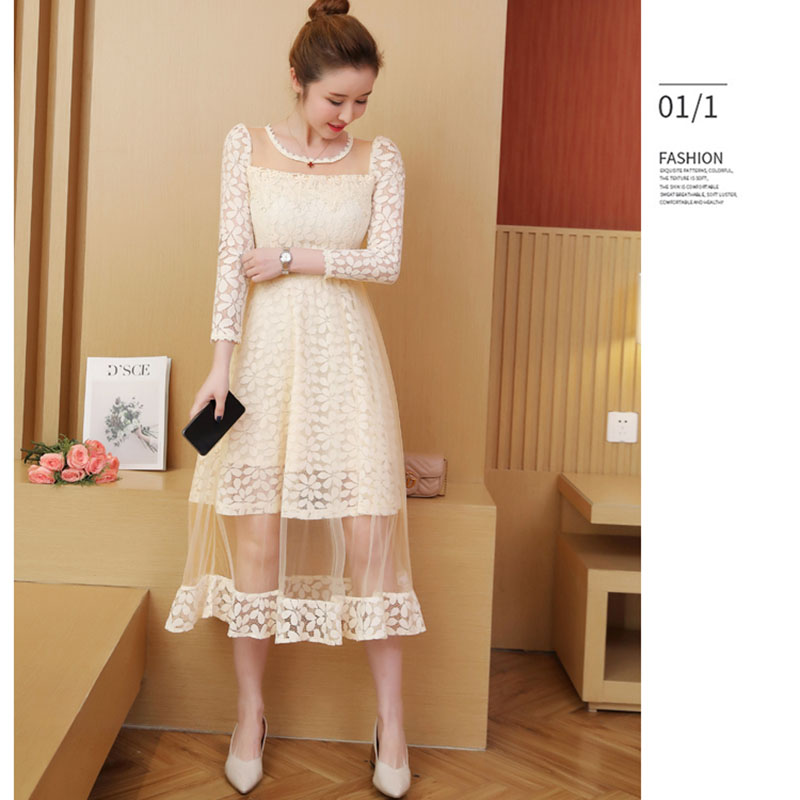 kudapy เดรสสั้นสีครีม ผ้าลูกไม้แขนยาว กระโปรงทรงเอบานซ้อนทับผ้าโปร่งด้านนอกถอดออกได้