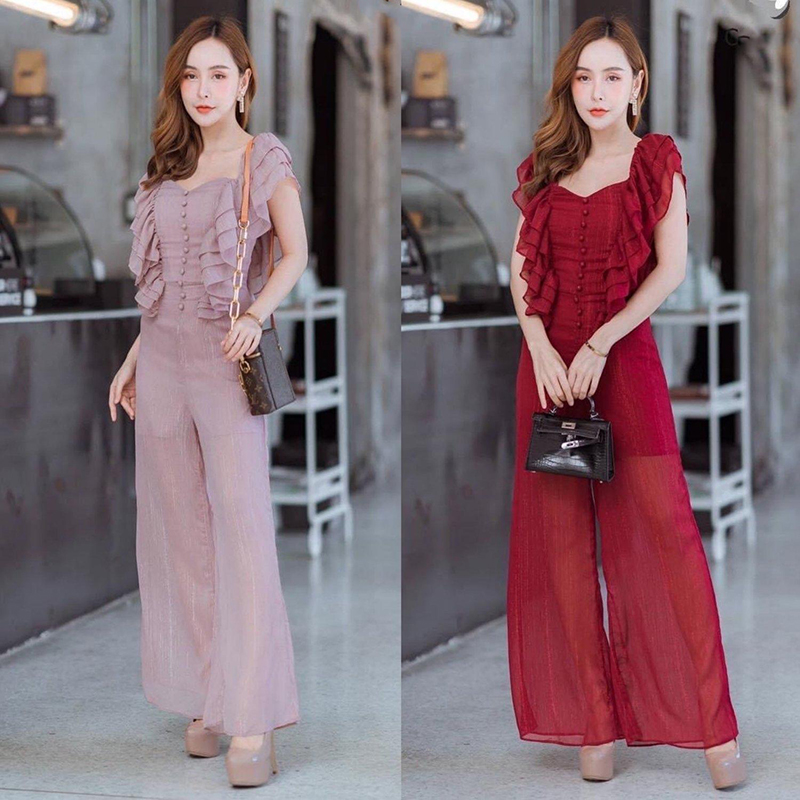 kudapy จั๊มสูทขายาวผ้าวิ๊งๆ แพทเทิ่นระบายช่วงแขนระบาย เนื้อผ้าใส่สบายๆ
