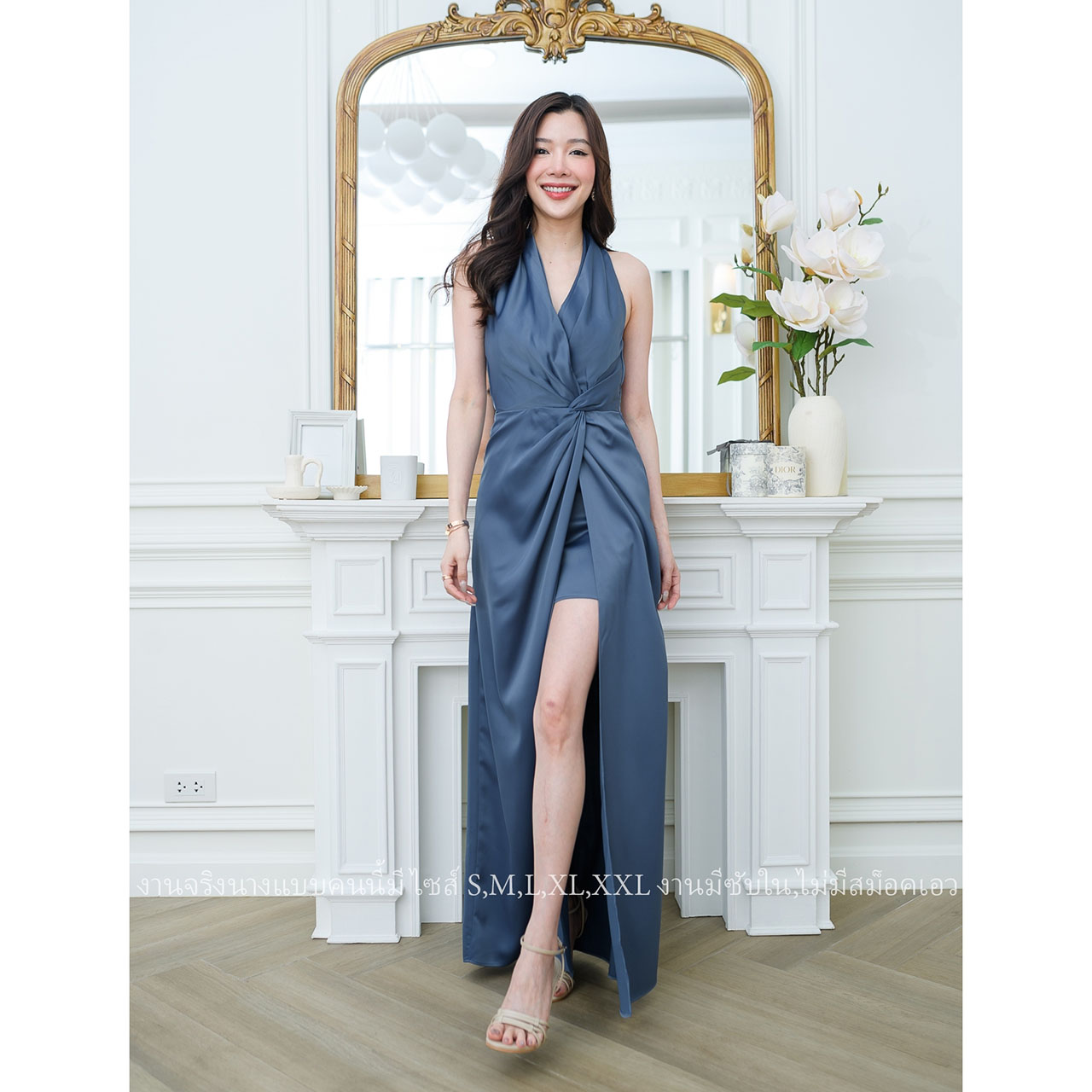 kudapy ชุดราตรียาวแต่งมัดเอวงานพรีเมี่ยมผ้าเครปซาติน ซับในตามสี งานซิปหลัง