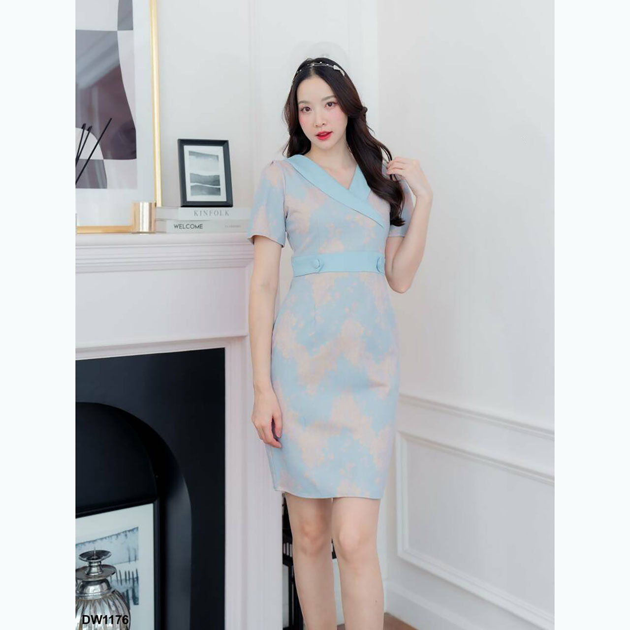 kudapy เดรสสั้นสีชมพู/สีกรม/สีฟ้า สูทแต่งกระดุมเอว ผ้าลูกไม้ ใส่ออกงานสวยดูดี