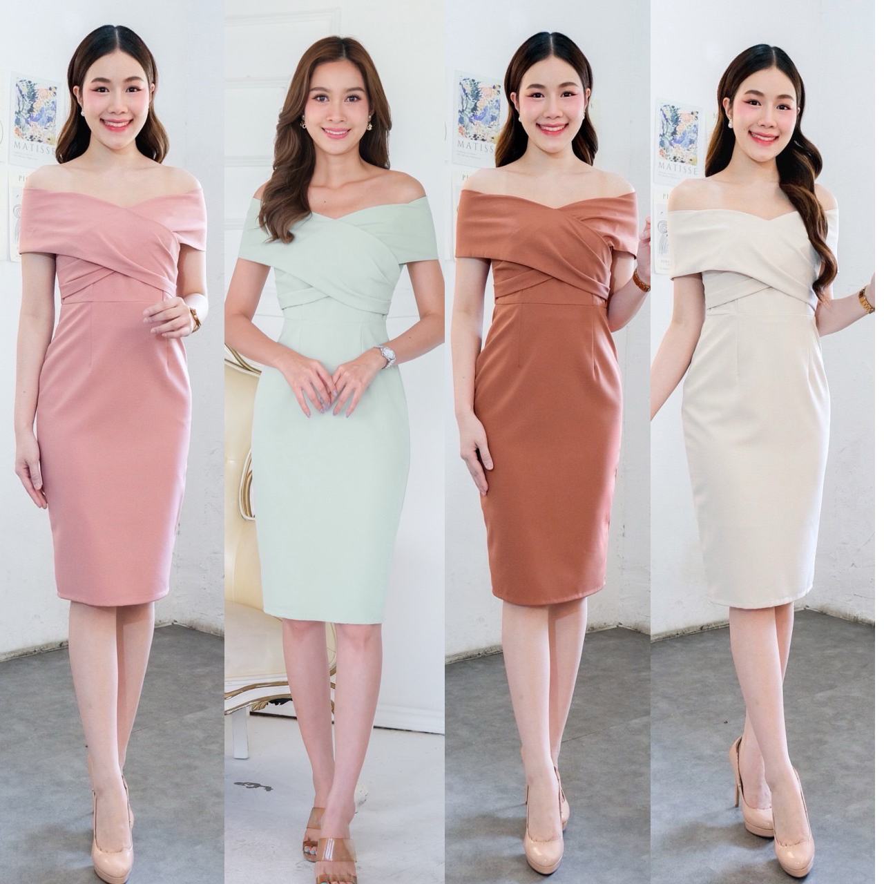 kudapy เดรสสั้นสีครีมเบจ/สีส้มอิฐ/สีชมพูเข้ม/สีเขียวมิ้นท์ เปิดบ่าแถบใหญ่ จับจีบข้างอก กระโปรงสอบ ผ่าหลัง