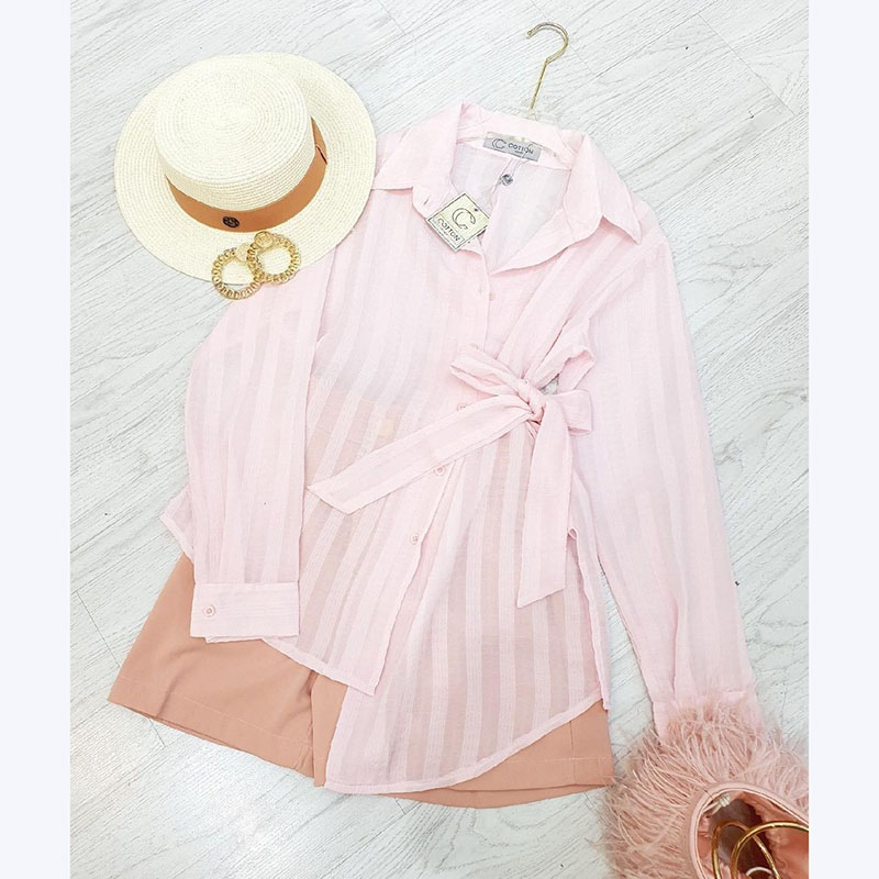 kudapy ชุดเซทสีชมพู,เหลือง เสื้อ+กางเกง เสื้อคอปกผุกเอวดีเทลน่ารัก ผ้ามีเทคเจอร์ในตัว โทนสีสวยมากๆ