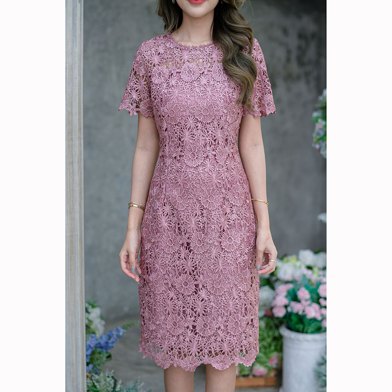 kudapy เดรสสั้นสีชมพูกะปิ/เขียว ลูกไม้ถักทรงแขนสั้น ทรงยอดนิยมของทางร้านค่ะ สวยเรียบใส่ง่าย