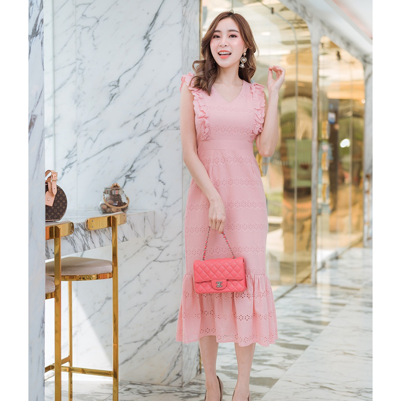 kudapy เดรสสั้นสีชมพู ผ้าฉลุอกระบายใส่งานปาร์ตี้สวยดูดี XL 2XL