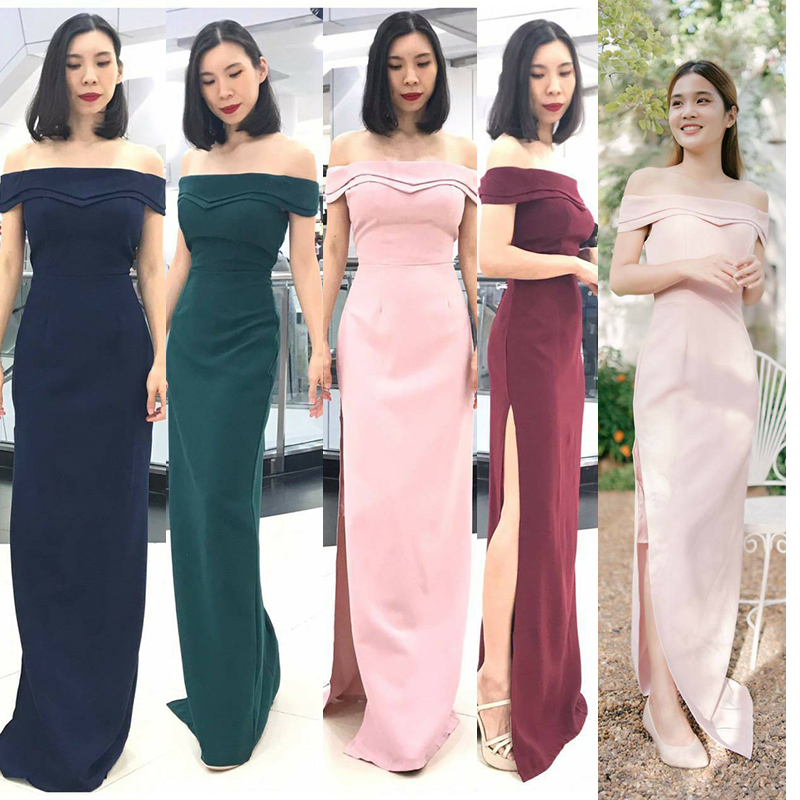 kudapy เดรสยาวสีเขียวเข้ม/สีชมพู/สีแดงเบอร์กันดี/สีกรมท่า อกหัวใจสองชั้น เปิดบ่า ผ้าเครปเกาหลีอัดกาว ทรงเข้ารูป ผ่าสะโพกด้านข้าง อวดเรียวขาsexy