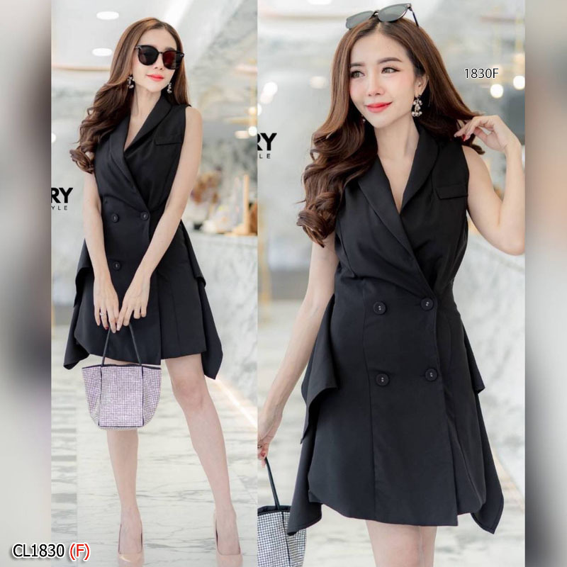 kudapy เดรสสูท แขนกุด ติดกระดุมหน้าแกะออกได้จริง งานผ้าซาร่าอย่างดี เอวไม่สม็อค ดีเทลแต่งระบาย 2 ข้าง