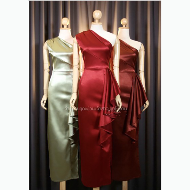 kudapy เดรสยาวออกงานสีแดงไวน์/สีครีมทอง/สีเขียวอมเทา/สีแดง บ่าเดี่ยว อกประกอบห้าชิ้น จีบสะโพก ผ่าข้าง เนื้อผ้า duchess อัดกาว เงาหนาเก็บทรง