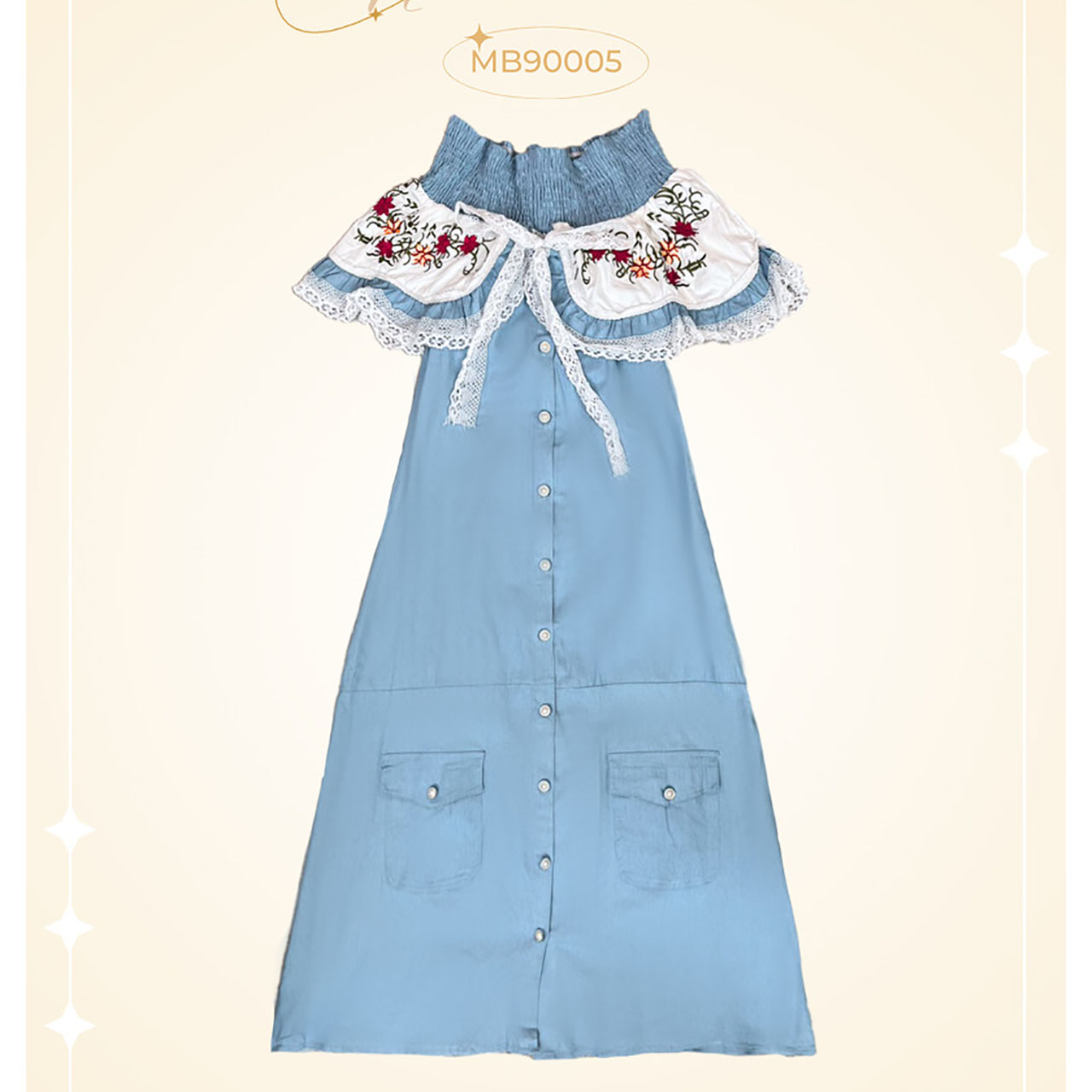 kudapy เดรสยาวผ้ายืดเปิดไหล่ เนื้อไม่หนาไม่บาง ใส่ง่าย ใส่สบาย ทรงบัวช่วงแขน ประดับผ้าระบาย ปักลายดอก