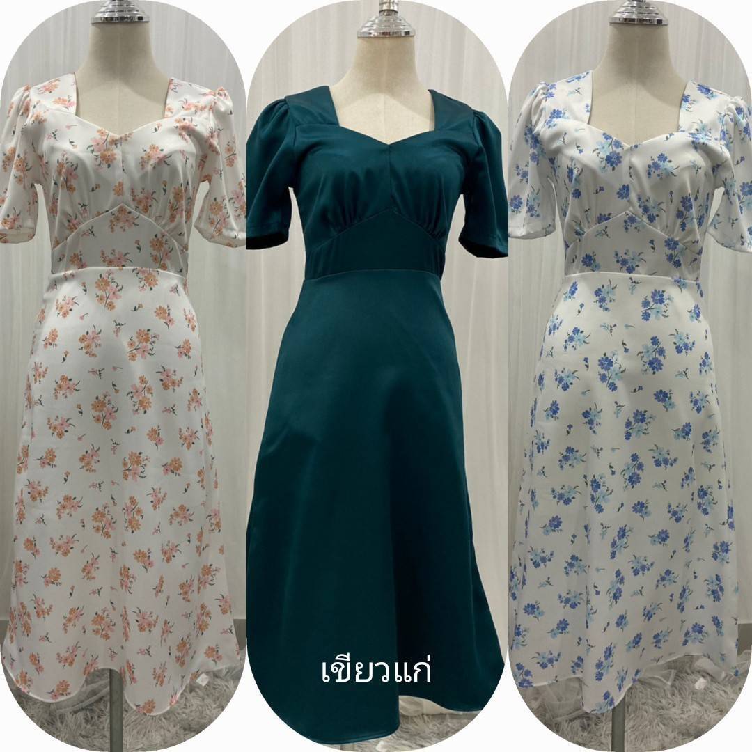 kudapy ชุดเดรสสั้นใส่ออกงาน คอวีเหลี่ยม ทรงบาน ผ้าซิลซาตินนุ่มลื่นใส่สบาย ผ้าซาร่า ยาว43นิ้ว