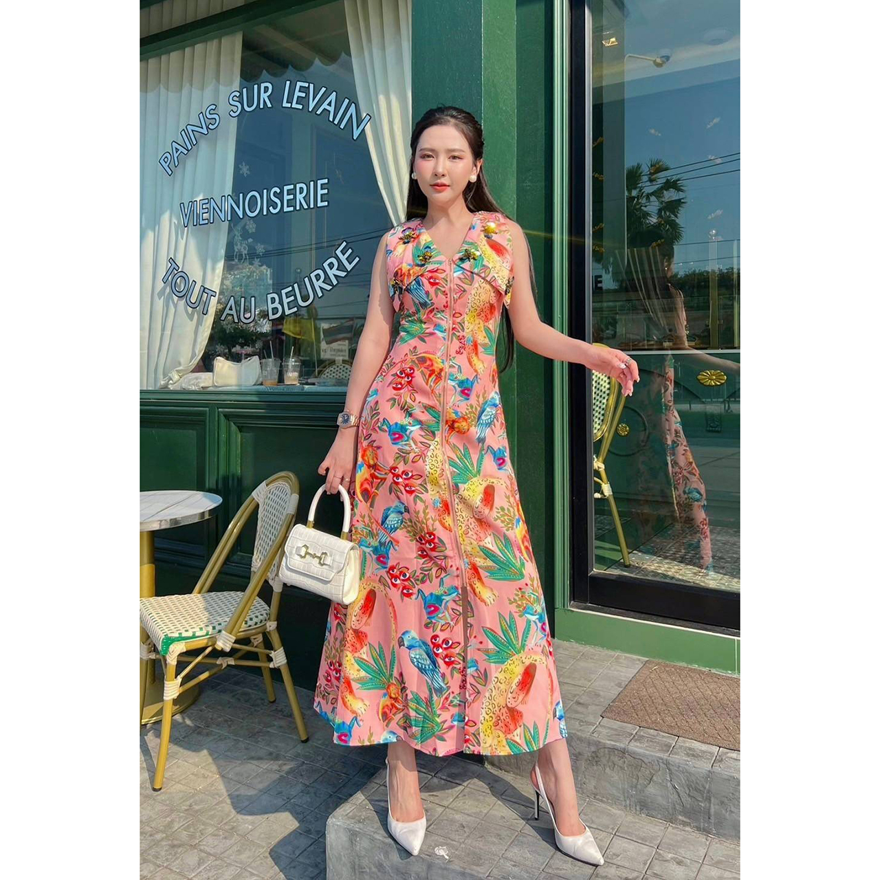 kudapy เดรสยาวสีชมพู (ผึ้ง) 3D ปักปก สวยงานซิปหน้า