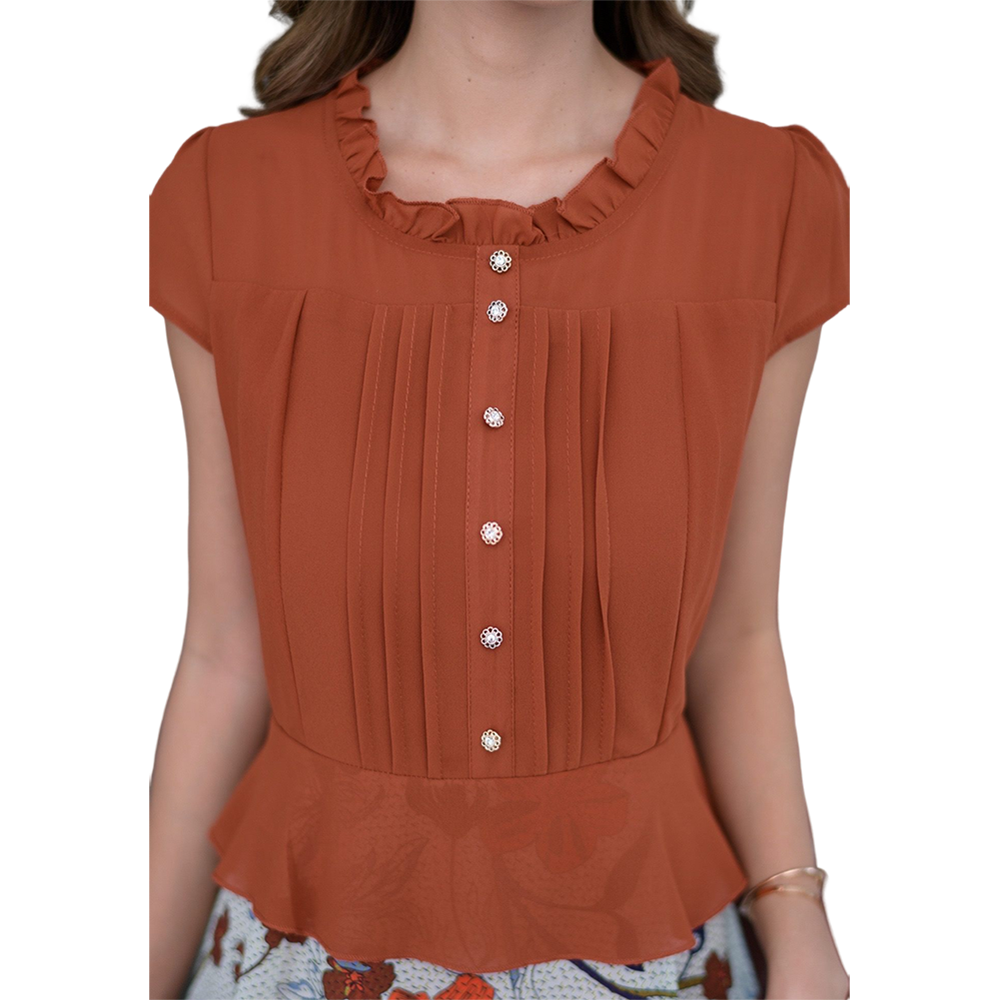 kudapy เดรสสั้นผ้าชิฟฟ่อนพิมพ์ลาย สีส้มน้ำตาล สีดำ ผ้าพริ้วใส่สบาย ลายสวยค่ะ ดีไซน์ด้านบนเป็นงานผ้าชีฟองสีพื้นแขนสั้นตีเกร็ด