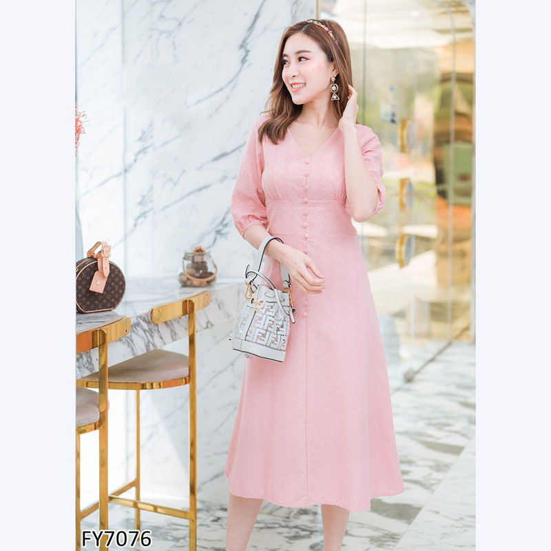 kudapy เดรสสั้นสีชมพู แขน2ส่วนกระดุมหน้าใส่แล้วสวยดูดี