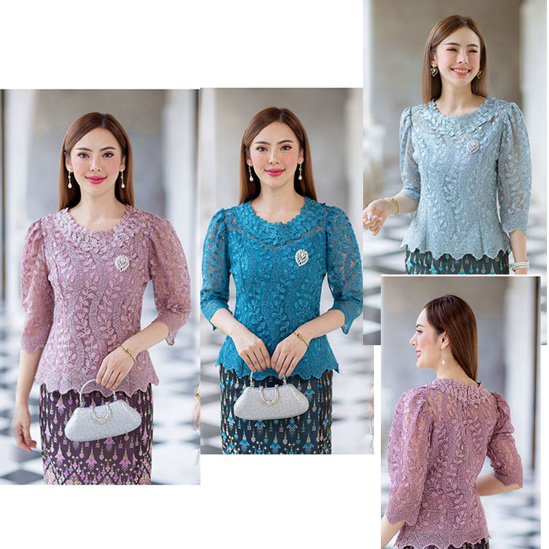 kudapy kudapy (เฉพาะเสื้อ) เสื้อลูกไม้สีม่วง/สีเขียว/สีฟ้า ผ้าลูกไม้ใยบวบเนื้อดี คอกลมสูง มีซับใน ซิปหลัง