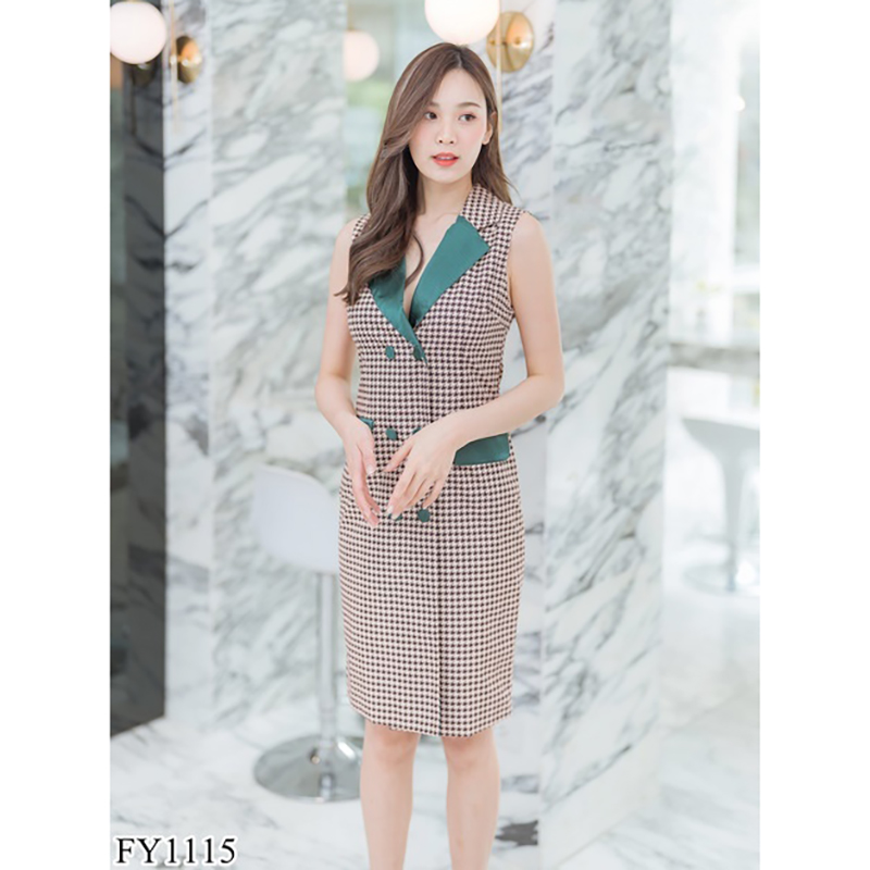 kudapy เดรสสั้นสีครีม/สีขาว คอปกสูทแขนกุดใส่สวยดูดี