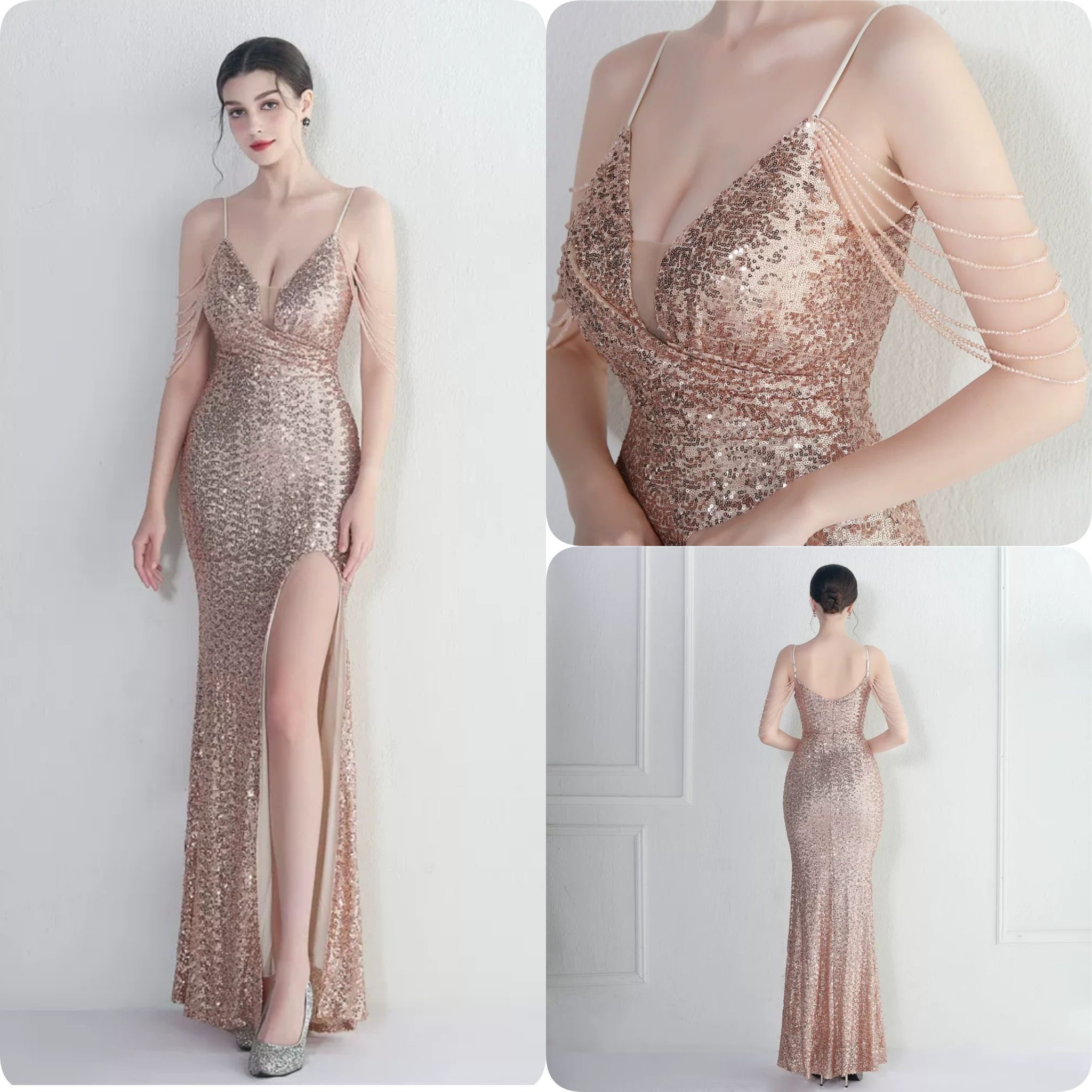 kudapy ชุดราตรียาวสายเดี่ยวปักเพชรสีทองโรสโกลด์,สีเขียว,สีแดงเบอร์กันดี้ ผ่าหน้า ผ้ากริสเตอร์ ยืดตามตัว