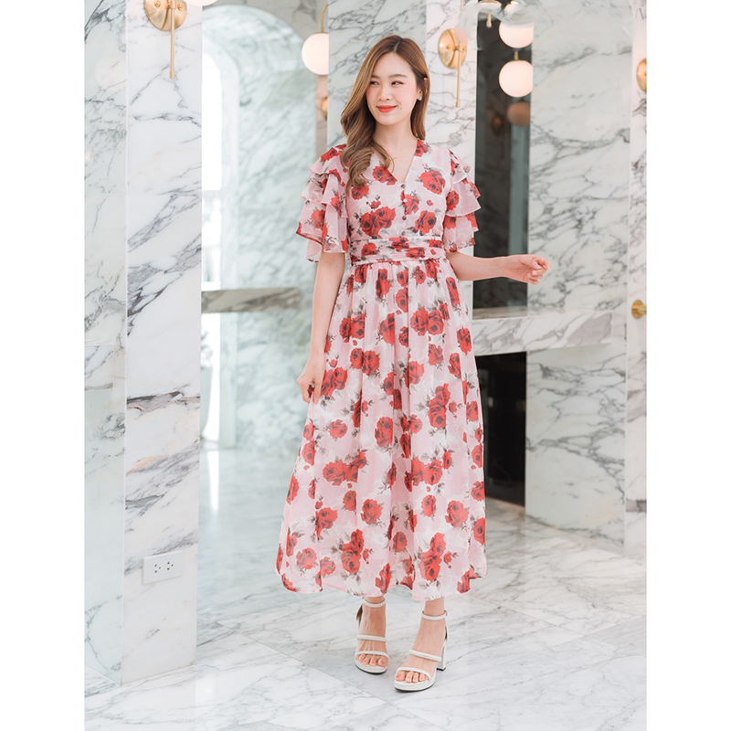 kudapy เดรสยาวสีชมพู ชีฟองลายกุหลาบสดุกตา ใส่สบายสวยดูดี