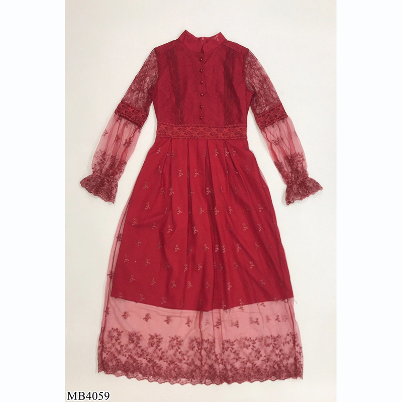 kudapy เดรสยาวสีแดง/สีชมพู/สีขาว คอจีนแขนลูกไม้ซีทรู สวยดูดีน่าารัก