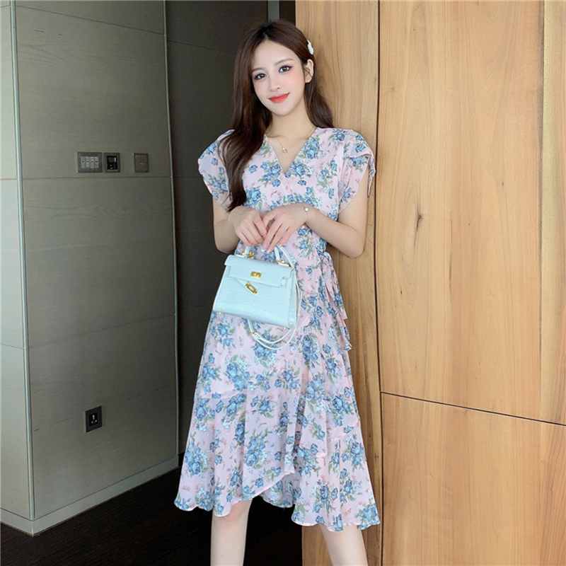 kudapy ชุดเดรสสีฟ้าอมเขียว,สีชมพู ใส่ทำงาน ผ้าชีฟองพื้น พิมพ์ลายดอกกุหลาบ