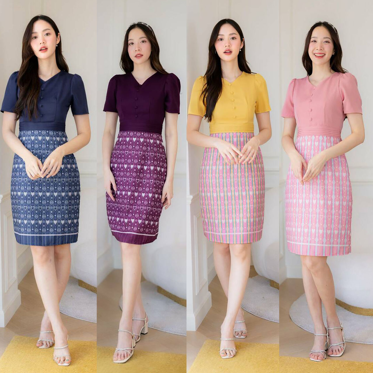 kudapy เดรสสั้นสีชมพู/สีกรม/สีม่วง/สีเหลือง คอวีกระโปรงผ้าไทยลายหัวใจ