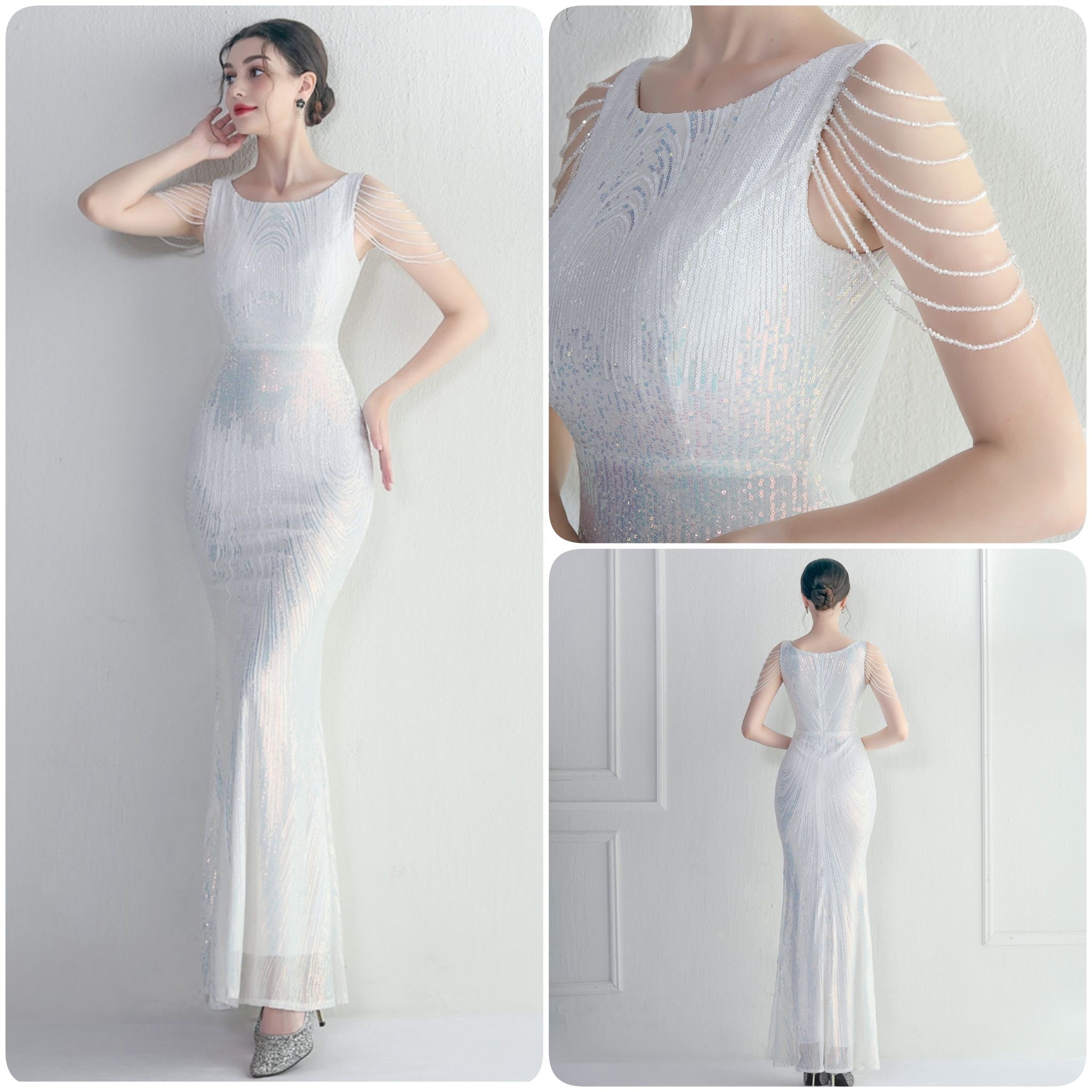 kudapy ชุดราตรียาวผ้ากริสเตอร์คอปาด แต่งลูกปัดที่ไหล่เพิ่มดีเทล สีดำ,โรสโกลด์,แดงไวน์,เขียว,สีน้ำเงิน,กรมท่า,ขาว ผ้าขยายได้ สวมเข้ารูป