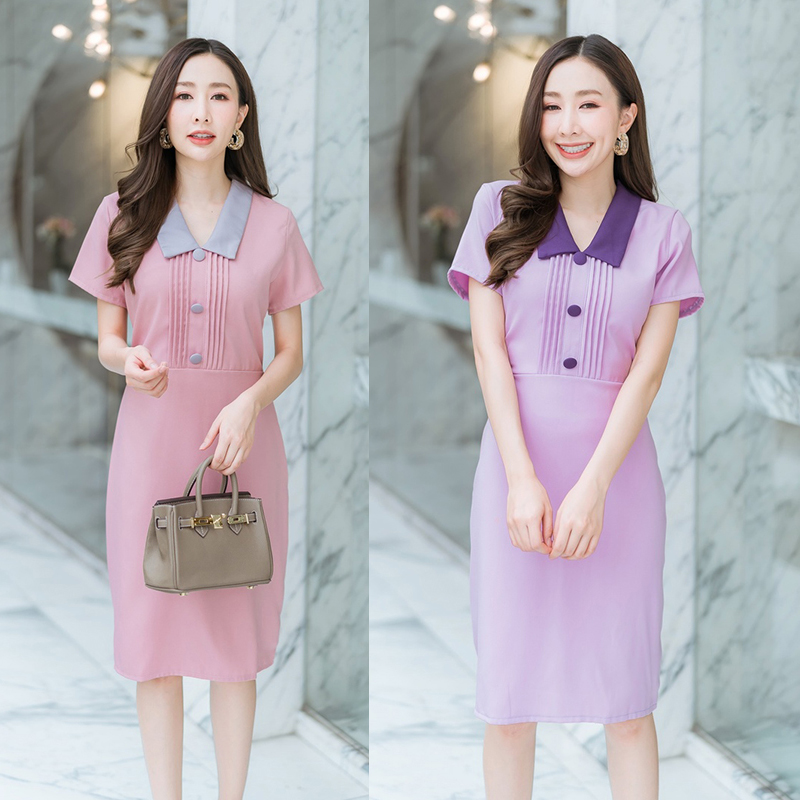 kudapy เดรสสั้นสีชมพู,ม่วง,สีเขียว คอปกจีบอกเนื้อผ้าดีใส่สบาย