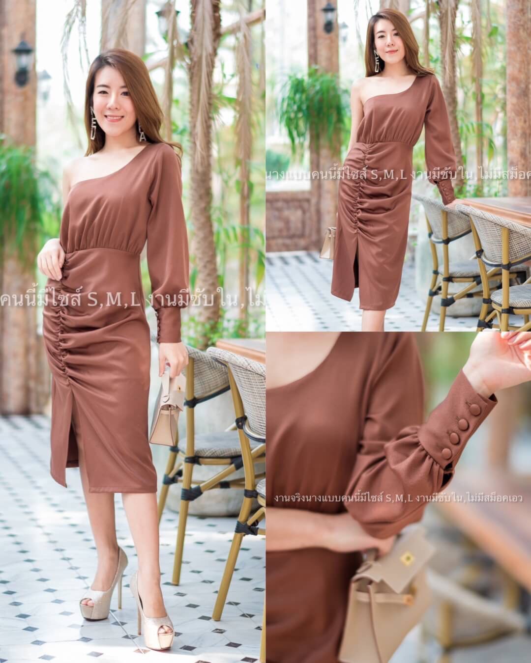 kudapy ชุดเดรสสั้นเปิดไหล่เฉียงข้าง แขนยาวผ่าข้าง ผ้าซาร่าไม่ยืด เดรสออกงานไหล่เดี่ยว