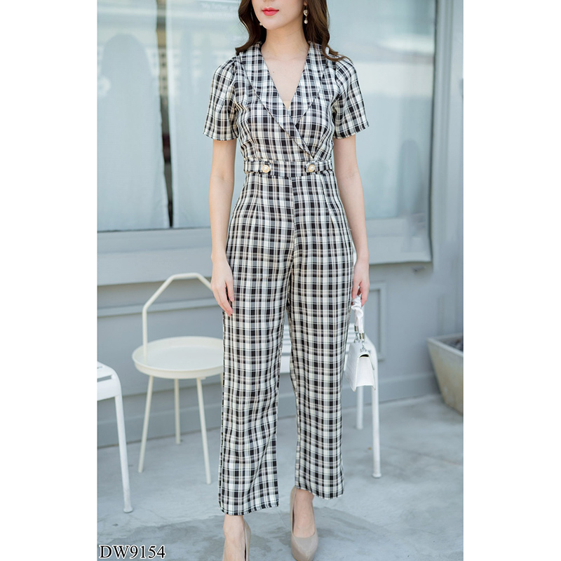 kudapy จั้มสูทขายาวคอวีสีกรม/สีชมพู/สีดำ ปกสูทขายาวลายสก๊อต