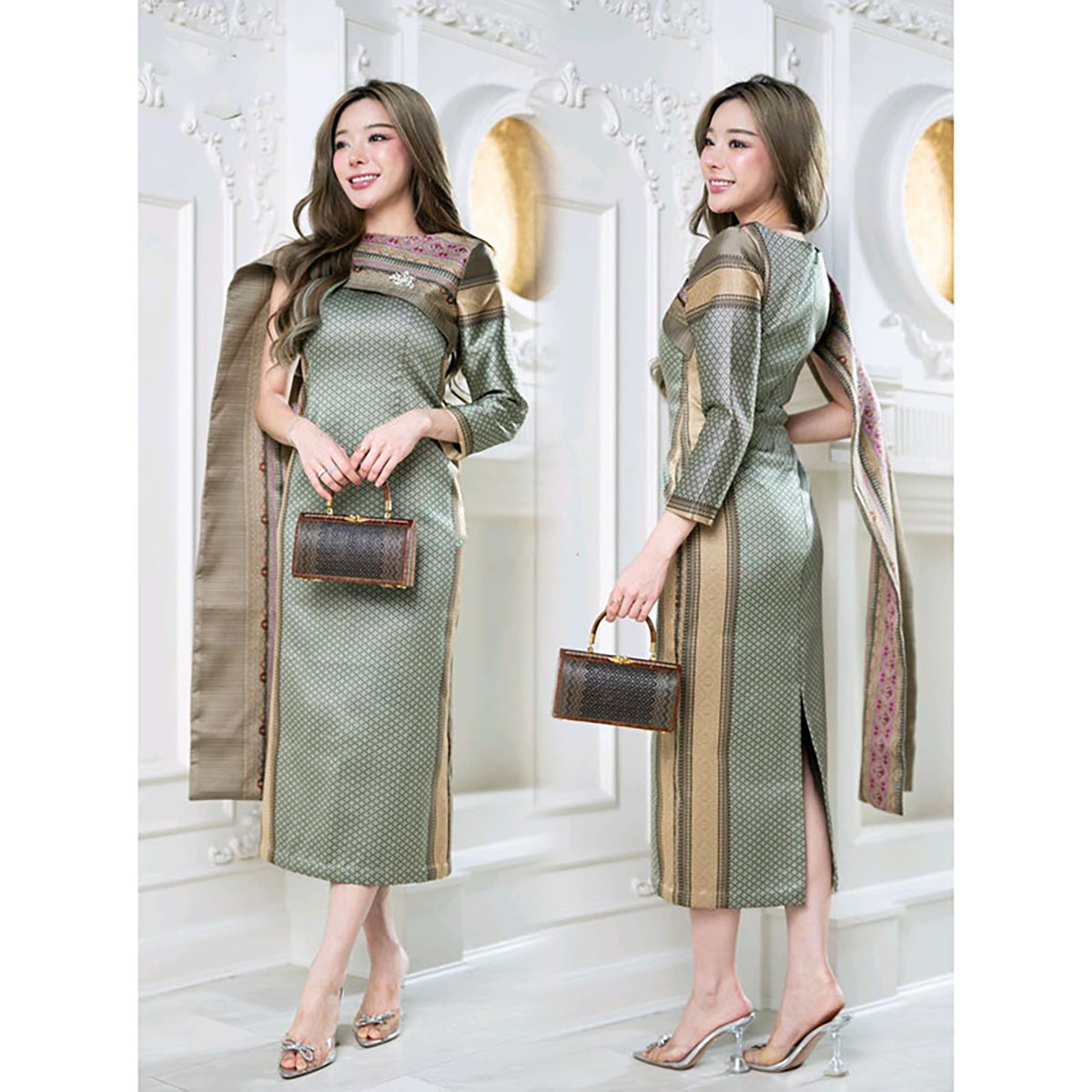 kudapy เดรสยาวสีม่วง/สีเขียว มณีจันทร์" งานผ้าไหมทอสุดหรูลายแพรวา ทรงสไบข้าง ทรงสวยดูสง่ามาก