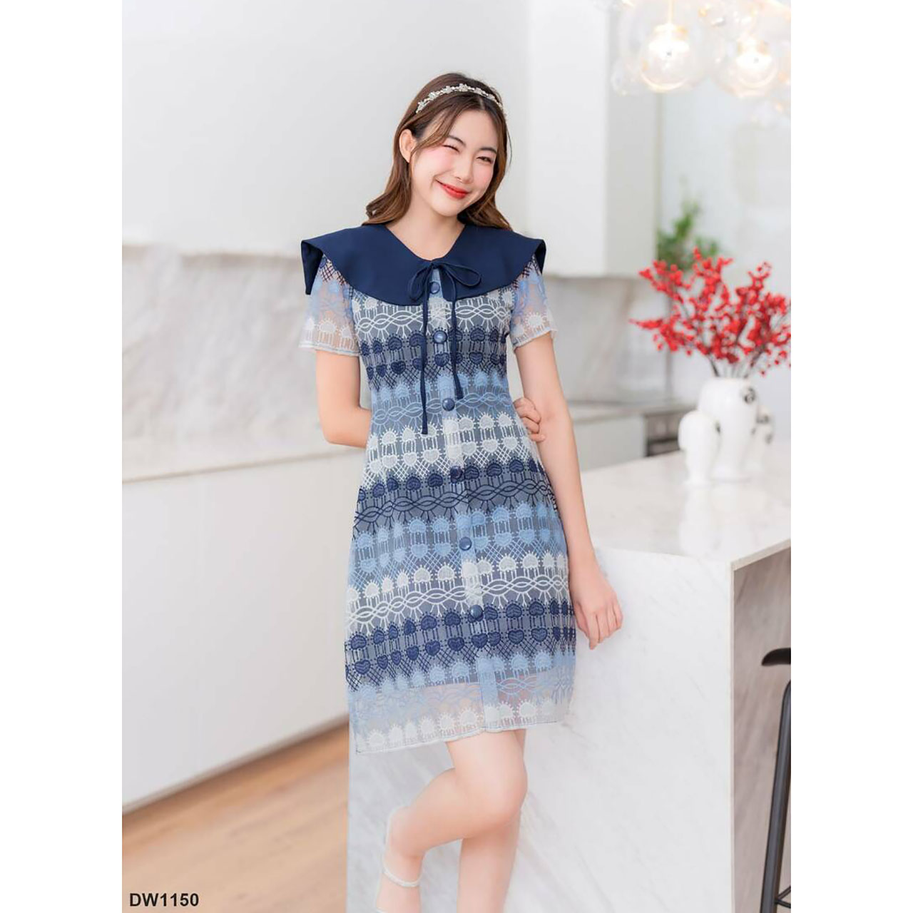 kudapy เดรสสั้น ลูกไม้ชั้นหัวใจคอปก ผ้าเบาใส่สบายตัว