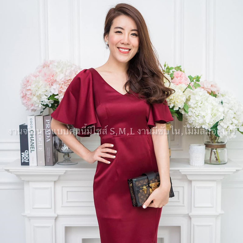 kudapy เดรสยาวแขนระบายเลเยอร์สีฟ้า/สีทอง ชุดไปงานแต่งงาน เรียบหรู สวยๆ ดูดี