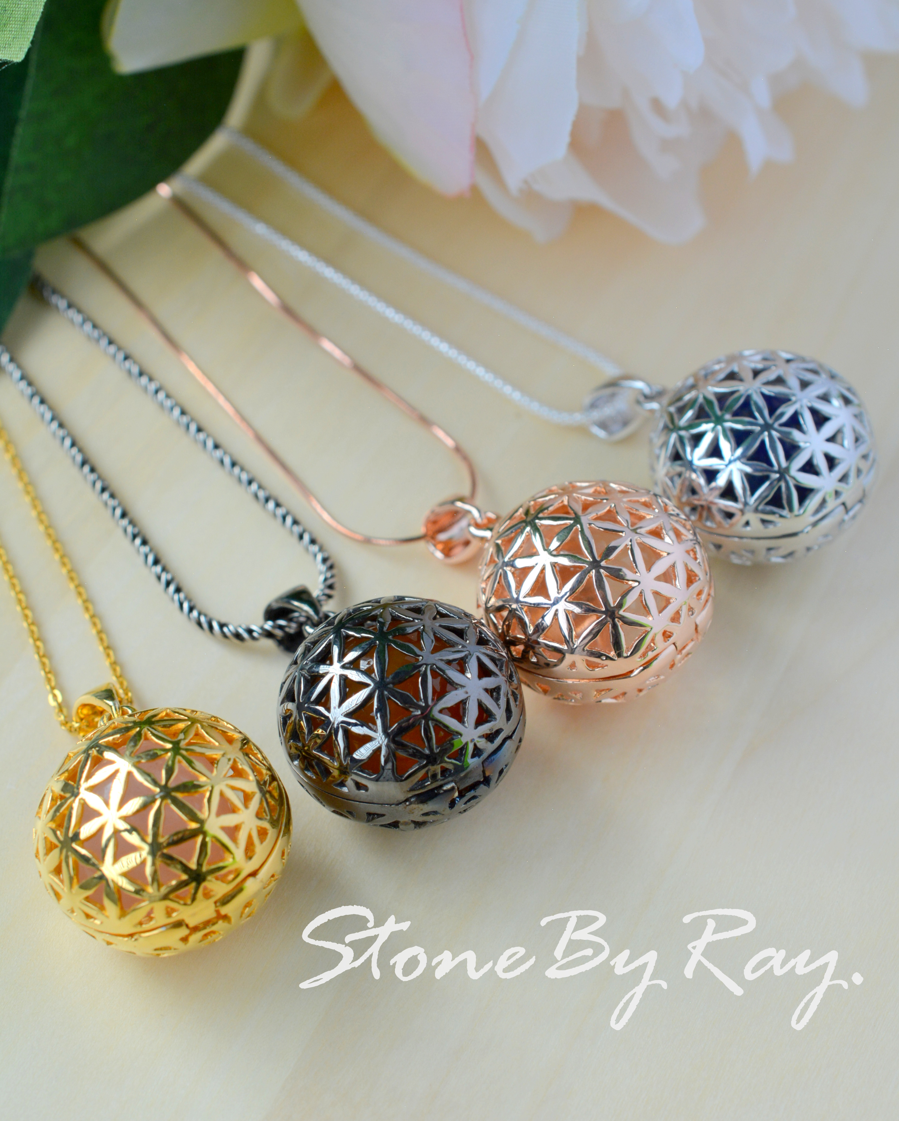 จี้ล็อกเก็ตเงินFlower of lifeชุบโรสโกลด์(จี้เปิดได้)