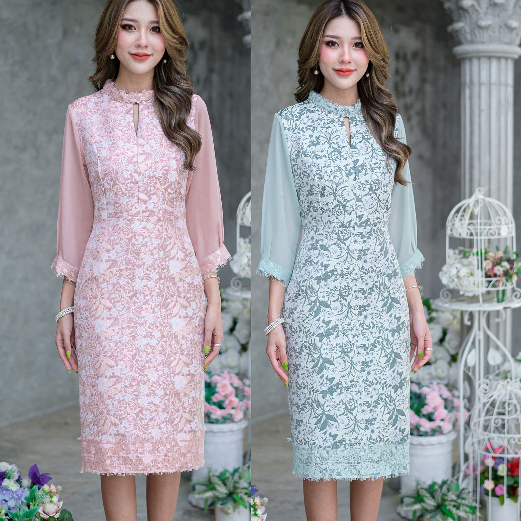 kudapy เดรสสั้นคอจีนแต่งดีเทลโชว์เนื้อเซ็กซี่สีชมพู,สีเขียว แขนยาวสามส่วนชีฟอง ทรงเอ ผ้าทิ้งตัวสวยมากค่ะ