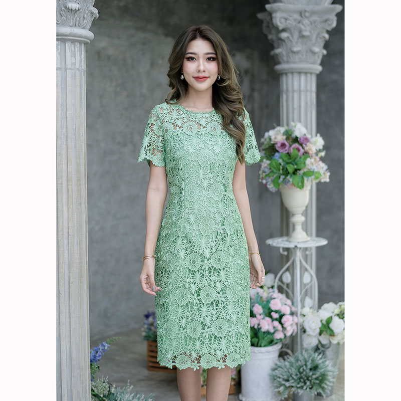 kudapy เดรสสั้นสีชมพูกะปิ/เขียว ลูกไม้ถักทรงแขนสั้น ทรงยอดนิยมของทางร้านค่ะ สวยเรียบใส่ง่าย