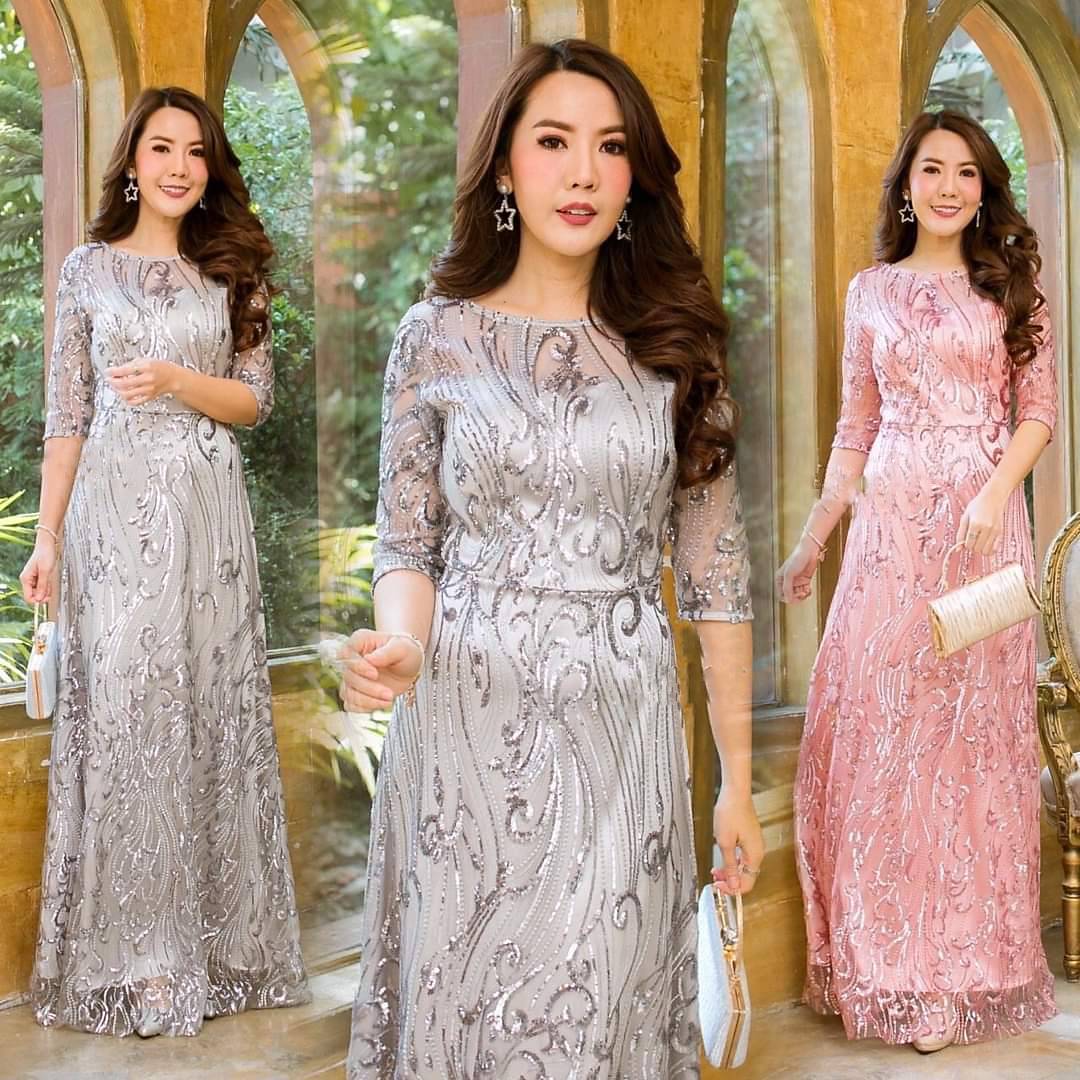 kudapy ชุดราตรียาวปักกริสเตอร์ สีชมพู/สีเทาเงิน เดรสยาว คอกลม แขน 3 ส่วน ใส่ออกงาน ลูกไม้พรีเมี่ยมทอแน่น งานสวยมาก