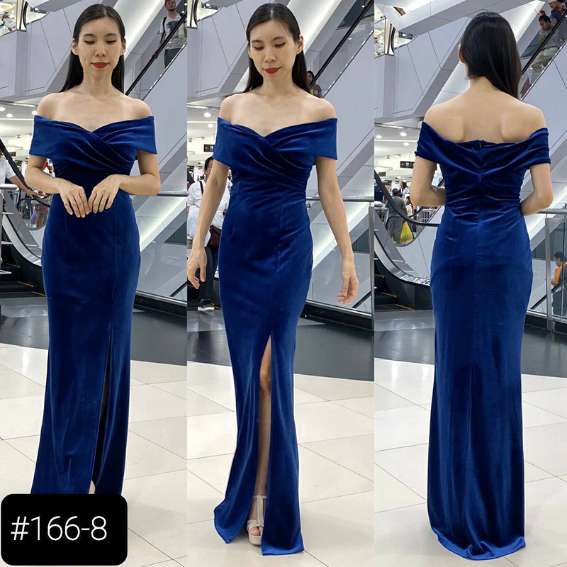 kudapy เดรสยาวสีดำ/สีน้ำเงิน/สีเขียว ผ้ากำมะหยี่ไขว้อก ทรงเปิดบ่า กระโปรงหางปลาผ่าหน้า ทรงนี้เรียบหรู