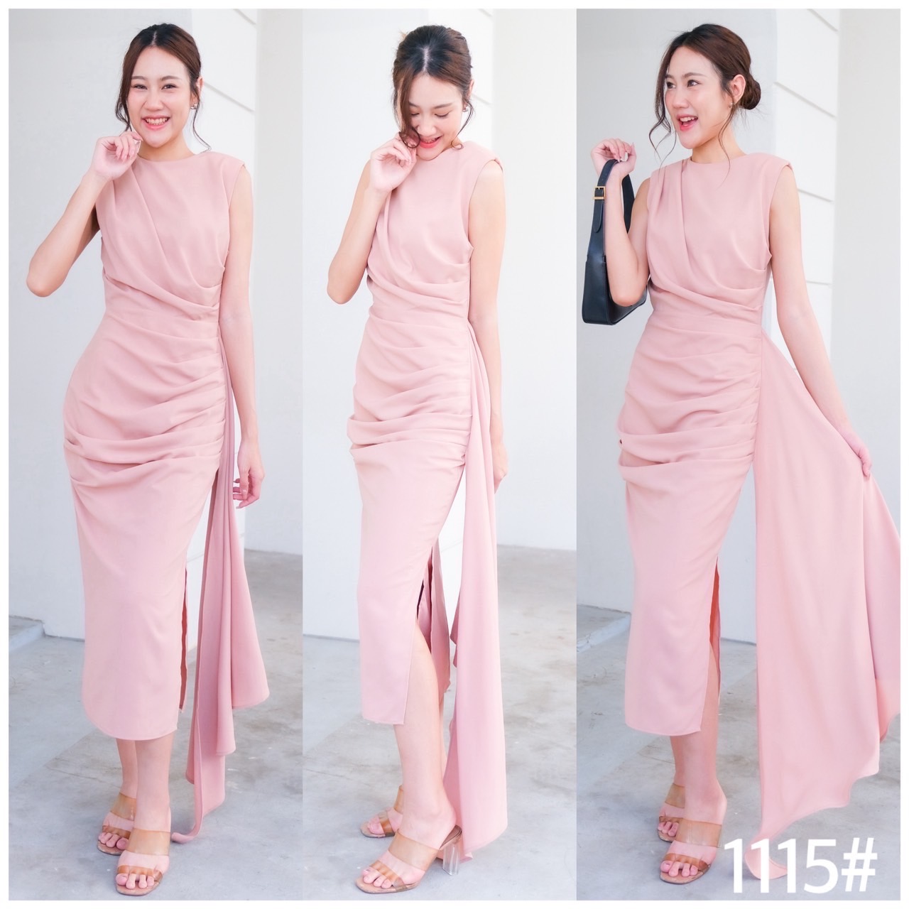 kudapy เดรสยาว ออกงานสุดพริ้ว แขนกุด ซิปหลังยาว บ่าเสริมฟองน้ำ กระโปรงสอบจับจีบเดรป ทิ้งชาย ผ่าด้านข้าง