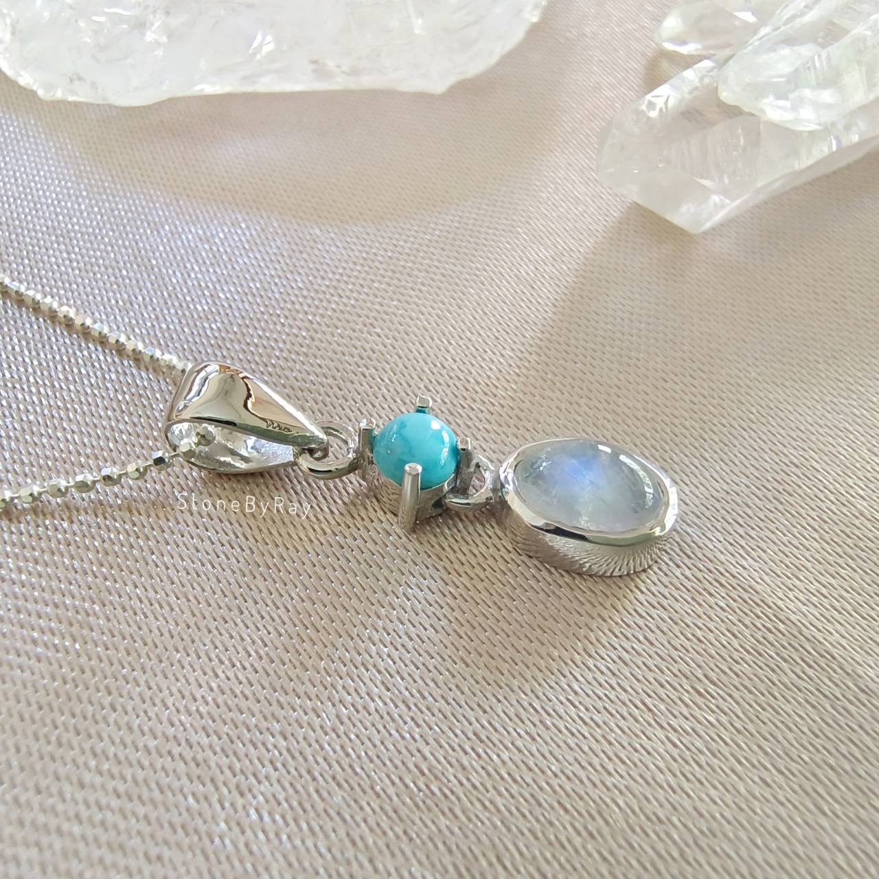 สร้อยคอเงินจี้หินมูนสโตนดีไซน์กับหินเทอร์ควอยส์ Moonstone+Turquoise