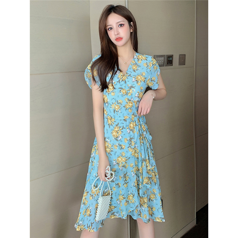kudapy ชุดเดรสสีฟ้าอมเขียว,สีชมพู ใส่ทำงาน ผ้าชีฟองพื้น พิมพ์ลายดอกกุหลาบ