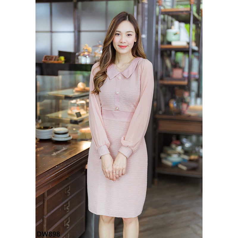 kudapy เดรสสั้นสีขาว/สีดำ/สีชมพู คอปกแขนยาวแต่งกระดุม