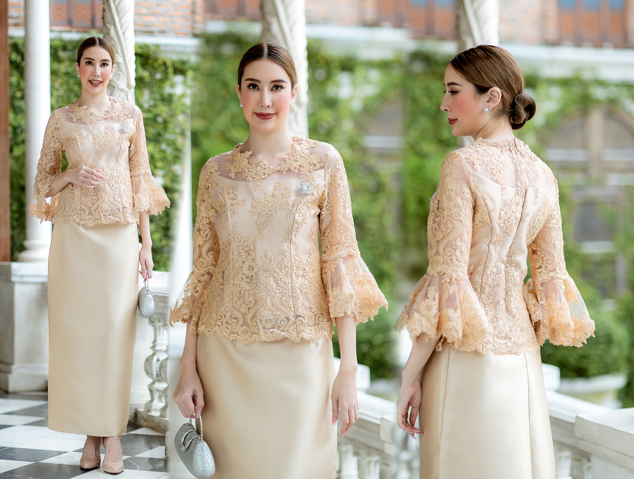 kudapy เซต2 ชิ้น เสื้อลูกไม้+กระโปรงผ้าไหมอิตาลีสีชมพู/สีทอง คอกลม แขนกระดิ่งสามส่วน ทรงสวย งานมีซับใน ซิบหลัง