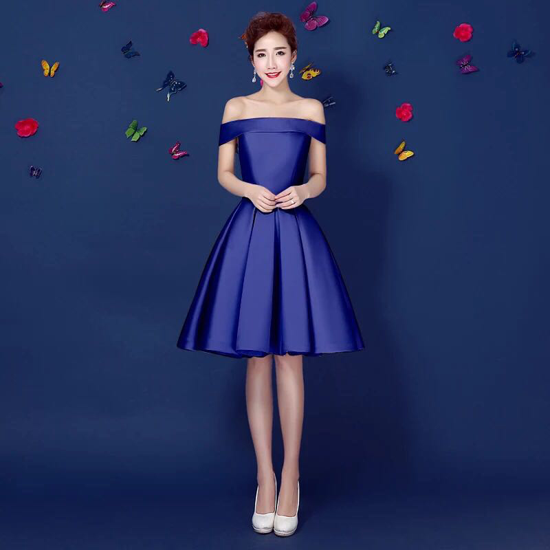 kudapy ชุดราตรีสั้นสีน้ำเงิน/ครีม แบบไหล่ปาด สไตล์วินเทจผ้าไหมดัชเชส กระโปรงทรงA แต่งโบว์2ชั้น ช่วงเอว (เชือกผูกหลัง)